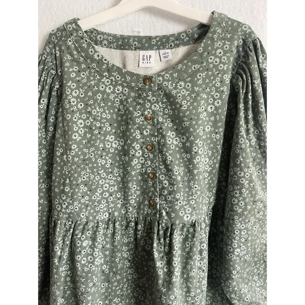 Gap Kids Green Corduroy Floral‎ Casual Flower Dress Long Sleeves Buttoned LARGE